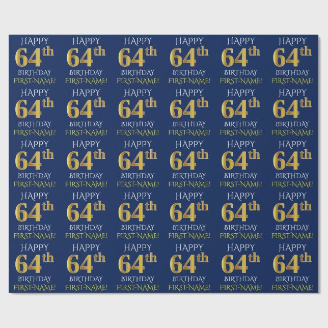 Papel De Regalo Azul, oro falso "FELIZ CUMPLEAÑOS 64" (Superficie plana)