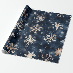 Papel De Regalo Azul oscuro simple con copos de nieve