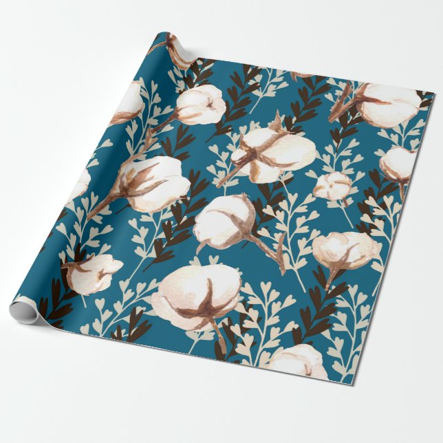 Papel De Regalo Azul patrón de planta de algodón (Desenrollado)