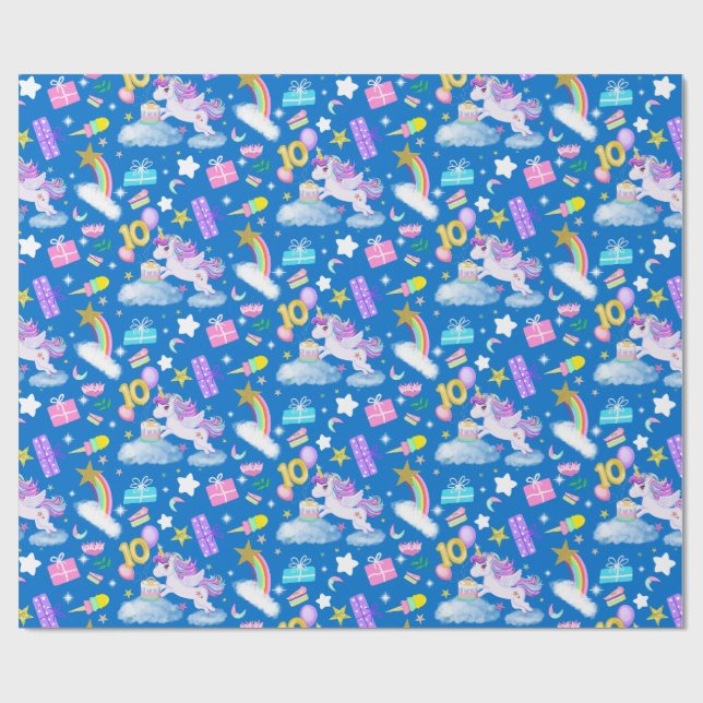 Papel De Regalo Azul patrón unicornio de 10 años (Superficie plana)