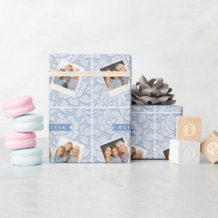 Papel De Regalo Azul Personalizado de Encaje Floral Elegante Román