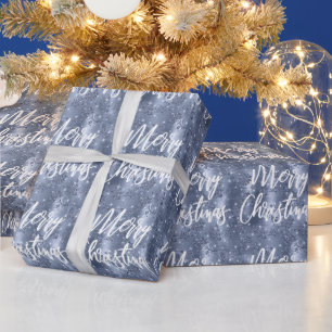 Papel De Regalo Azul Polvoriento Glitter Floral Feliz Navidad Escr