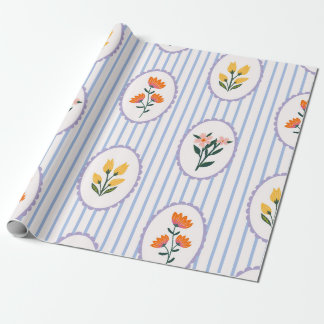 Papel De Regalo Azul Preppy Floral de Raya Cameo Arte Folclórico