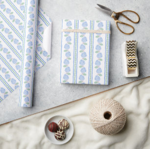Papel De Regalo Azul Preppy y Hydrangea Verde Raya