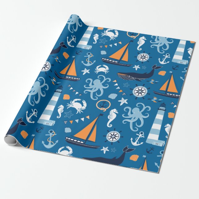 Papel De Regalo Azul profundo todas las cosas náuticas (Desenrollado)