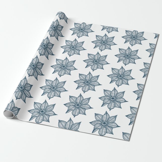Papel De Regalo Azul prusiano sobre flores blancas (Desenrollado)