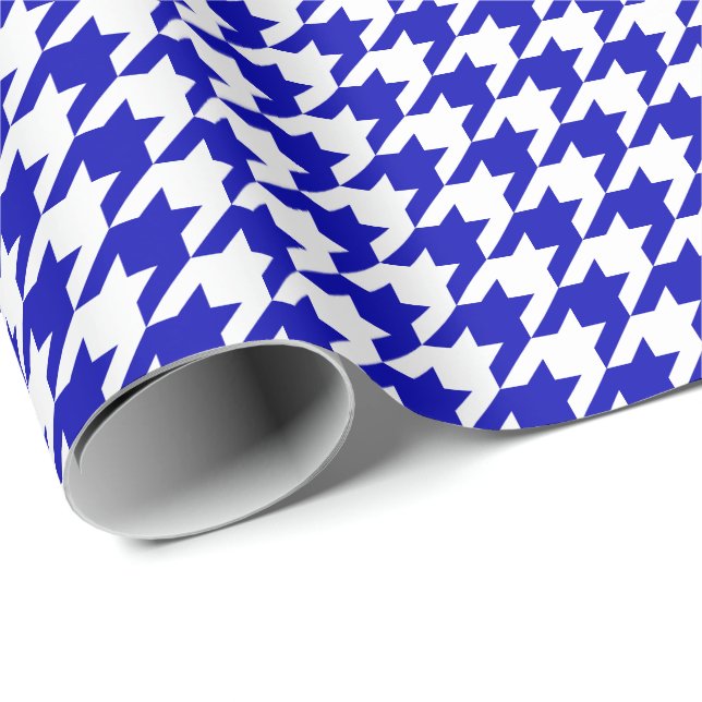 Papel De Regalo Azul real medio y blanco Houndstooth (Esquina del rollo)