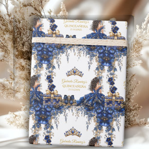 Papel De Regalo Azul Real Tiara Floral Dorada Quinceañera