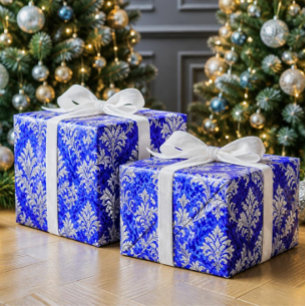Papel De Regalo Azul Real y Blanco Navidad Damask Victoriana