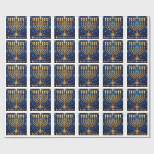 Papel De Regalo Azul Rico y Dorado Hanukkah Adornado con Joyas