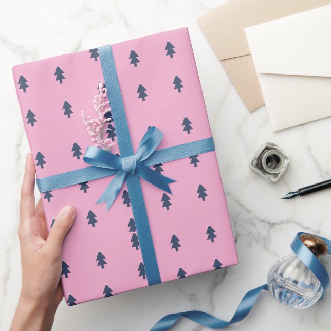 Papel de regalo azul rosa árbol de Navidad simple (Regalar)