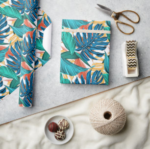 Papel De Regalo Azul tropical hojas amarillas