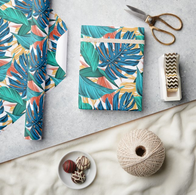 Papel De Regalo Azul tropical hojas amarillas (Artesanía)