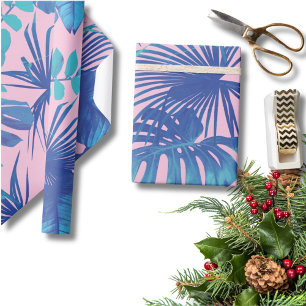 Papel De Regalo Azul Tropical Monstera & Hojas de Palma Rosa