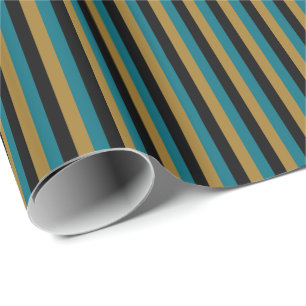 Papel De Regalo Azul Turquesa, Negro, Raya Vertical Dorada Mate