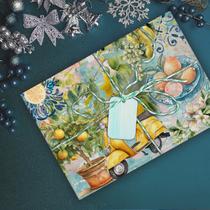 Papel De Regalo Azul Turquesa Siciliano Floral Cítrico Chic