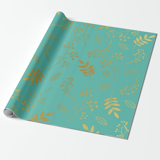 Papel De Regalo Azul verde azulado Relieve metalizado dorado (Desenrollado)