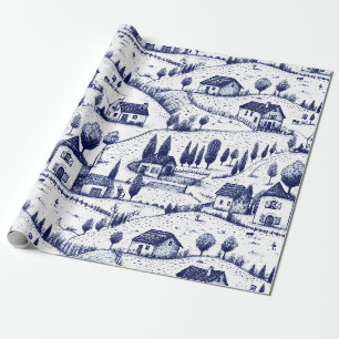 Papel De Regalo Azul Vintage Toile - Árboles Arquitectura Pastoral