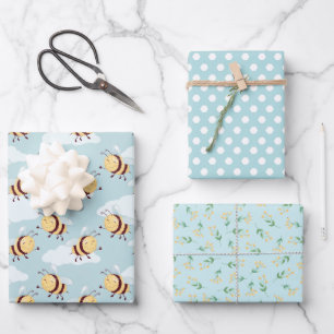Papel de regalo azul y amarillo abeja y panal S