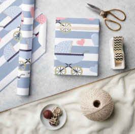 Papel de Regalo Azul y Blanco a Rayas Cochecitos