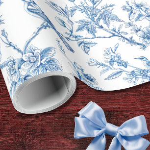 Papel De Regalo Azul y Blanco Chinoiserie Floral Aves