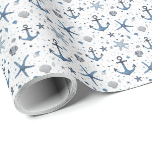 Papel de regalo azul y blanco con estrella de mar 