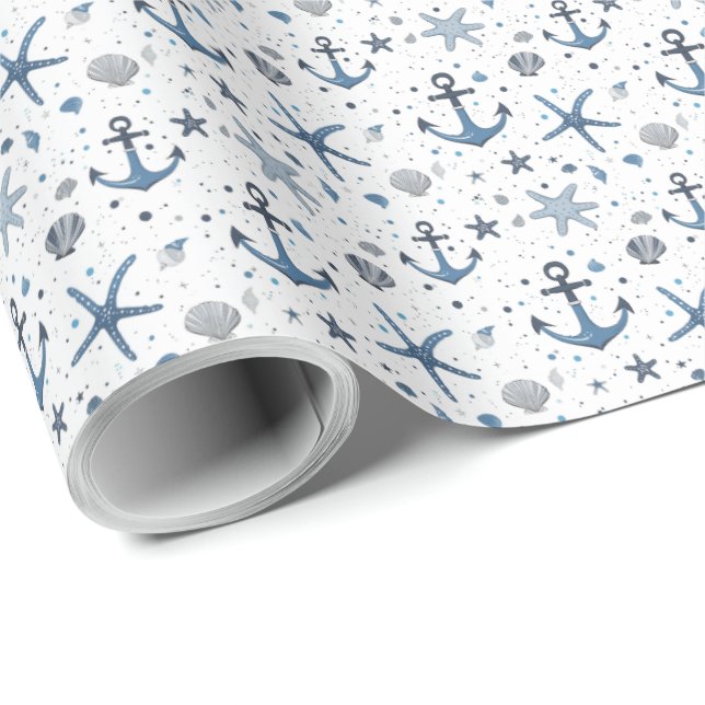 Papel de regalo azul y blanco con estrella de mar  (Esquina del rollo)