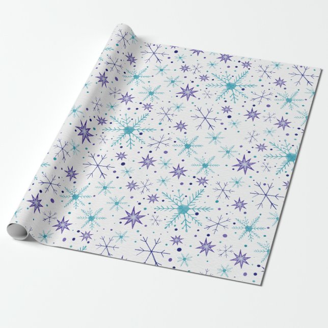 Papel de regalo azul y morado de copo de nieve (Desenrollado)