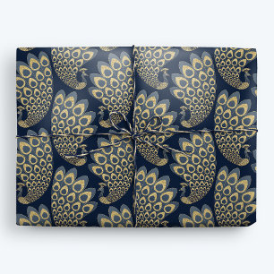 Papel De Regalo Azul y oro Art Deco Peacock