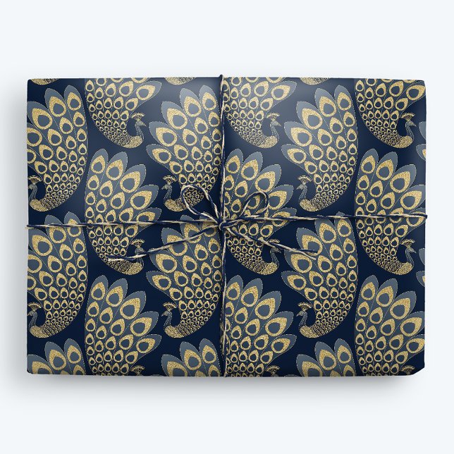 Papel De Regalo Azul y oro Art Deco Peacock (Subido por el creador)