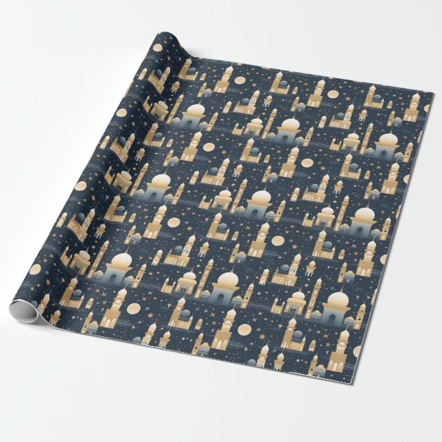 Papel De Regalo Azul y oro Ramadán y Eid (Desenrollado)