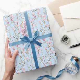 Papel De Regalo Azul y rosa Chinoiserie Botánicos Pájaros y Flor