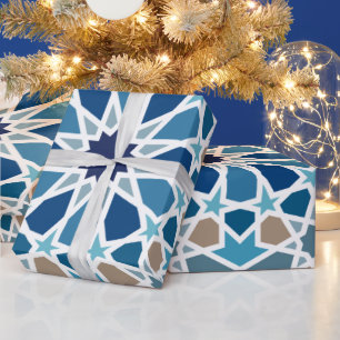 Papel De Regalo Azul y Taupe Patrón de Mosaico Geométrico Marroquí