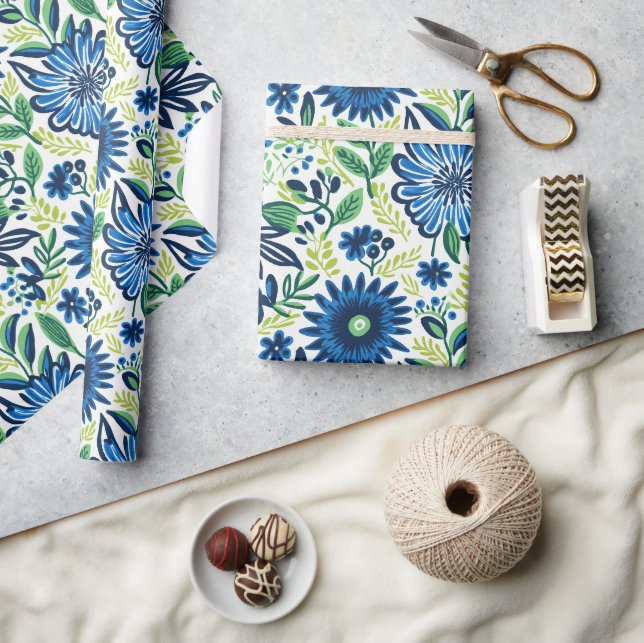 Papel De Regalo Azul y Verde Floral  (Artesanía)