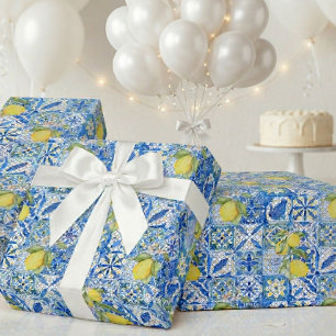 Papel De Regalo Azulejo Azul Francés Patrón de Limón Provenzal