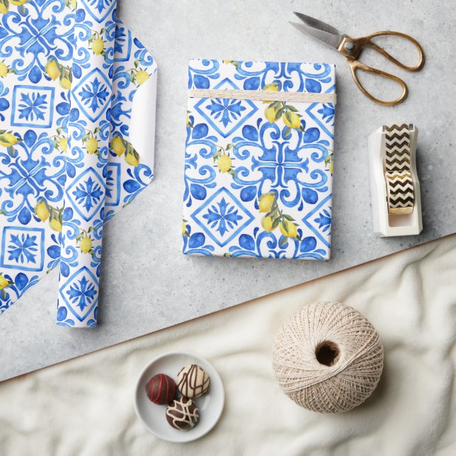 Papel De Regalo Azulejo Azul Limón Amarillo  (Artesanía)