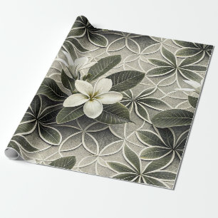 Papel De Regalo Azulejo Botánico de Plumeria Blanca y Verde Salvia