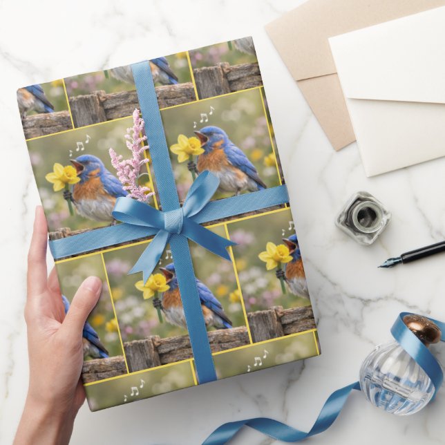 Papel De Regalo Azulejo cantando en un narciso amarillo (Regalar)