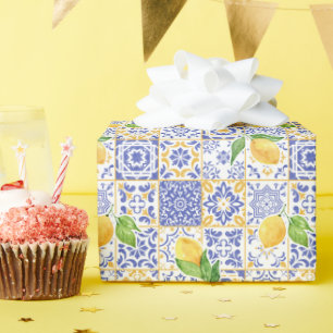 Papel De Regalo Azulejo de Acuarela Mediterráneo Patrón de Limón