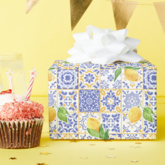 Papel De Regalo Azulejo de Acuarela Mediterráneo Patrón de Limón
