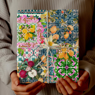 Papel De Regalo Azulejo Floral de Citricos Sicilianos Azul Chic