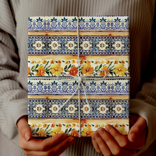 Papel De Regalo Azulejo Floral Mediterráneo Azul Elegante Amarillo