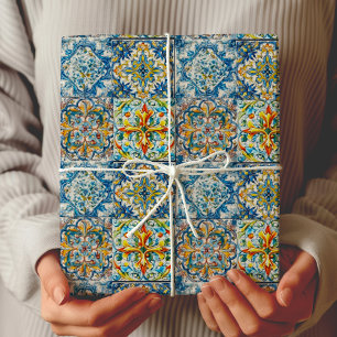 Papel De Regalo Azulejo Italiano Floral Cítrico Azul Mediterráneo