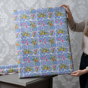 Papel De Regalo azulejo mediterráneo de cítricos amarillo azul sic
