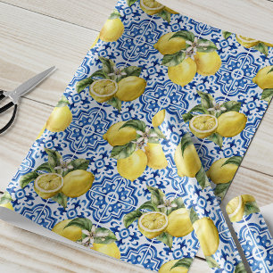 Papel De Regalo Azulejo Mediterráneo de Limón Blanco Azul