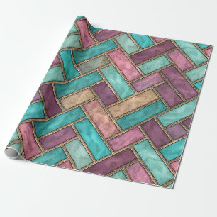 Papel De Regalo Azulejo Patrón Espina de Pescado en Verde Azul y M