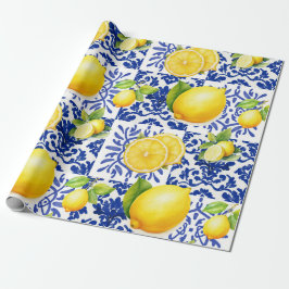 Papel De Regalo Azulejo Patrón Limón Blanco Azul Mediterráneo Cítr