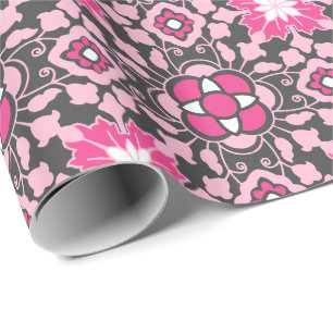 Papel De Regalo Azulejos marroquíes florales, fucsia rosa y gris /