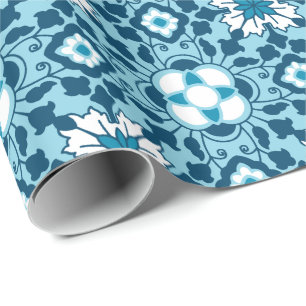 Papel De Regalo Azulejos marroquíes florales, índigo, azul cielo y