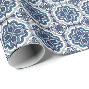 Papel De Regalo Azulejos Modernos de Portugal Azul Marino y Blanco